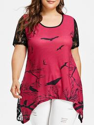 Plus Size Bird Print Lace Back T-shirt