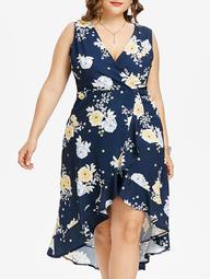 Plus Size Sleeveless High Low Floral Dress