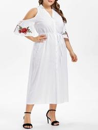 Plus Size Bell Sleeve Embroidery Shirt Dress
