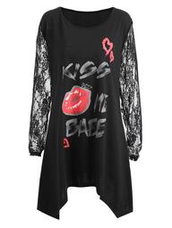 Lace Sleeve Plus Size Kiss Me Baby Lips Graphic T-shirt