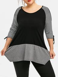 Plus Size Striped Slit Sleeve Asymmetric T-shirt