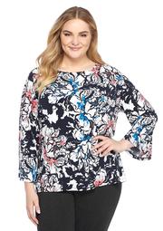 Plus Size Knit Flare Sleeve Printed Top