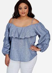 Chambray Linen Cold Shoulder Top