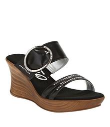 Onex Cynthia Leather Rhinestone Detail Double Banded Wooden Wedge Sandals