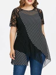 Plus Size Polka Dot Lace Overlay Top