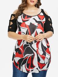 Plus Size Abstract Print Cut Tie Sleeve T-shirt