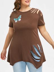 Ripped Plus Size Butterfly Print T-shirt