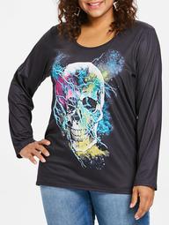 Long Sleeve Plus Size Skull Print T-shirt