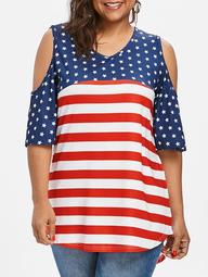 Plus Size Patriotic American Flag Cold Shoulder T-shirt