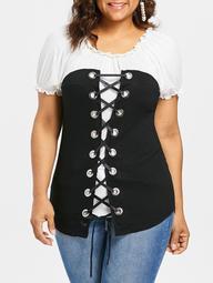 Plus Size Two Tone Lace Up T-shirt