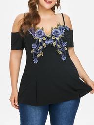 Plus Size Embroidered Open Shoulder T-shirt