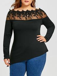 Plus Size Long Sleeve Sheer Embroidered Asymmetric T-shirt