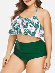 Leaf Print Halter Neckline Plus Size Bikini