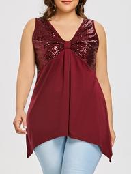 Plus Size Sequined Bow Asymmetric Tank Top