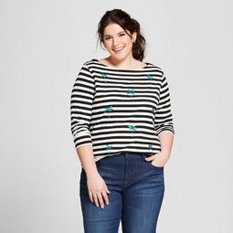 Women's Plus Size Striped Sequin Palm Trees Boatneck 3/4 Sleeve T-Shirt - A New Day™ Black/White