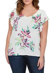 Plus Floral Mixed-Media Ruffle Short-Sleeve Top
