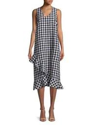 Plus Linen Gingham Ruffle Dress