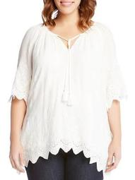 Plus Tied-Neck Embroidered Border Peasant Top