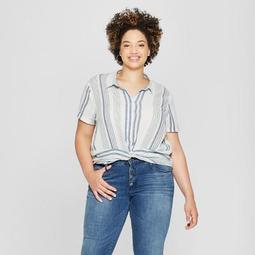Women's Plus Size Striped Cross Front Short Sleeve Top - Universal Thread™ Blue