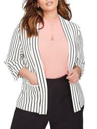 Plus Striped Three-Quarter Sleeve Blazer