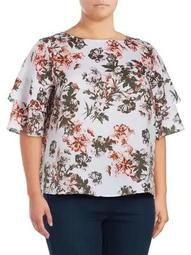 Plus Tiered Floral Linen Top