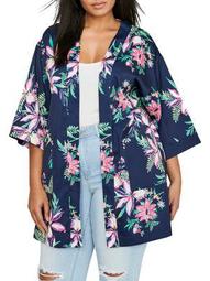 Plus Printed Quarter-Sleeve Kimono-Style Long Jacket