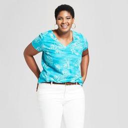 Women's Plus Size Printed V-Neck Short Sleeve T-Shirt - Ava & Viv™ Aqua