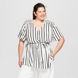 Women's Plus Size Striped Smocked Shoulder Short Sleeve Wrap Top - Ava & Viv™ Black/White