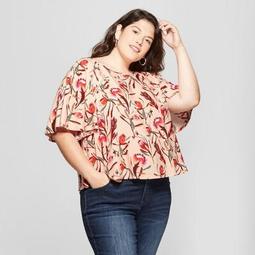 Women's Plus Size Floral Print Soft Woven Short Sleeve Top - Ava & Viv™ Peach