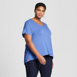 Women's Plus Size Mixed Media Short Sleeve T-Shirt - Ava & Viv™ Blue Floral Print