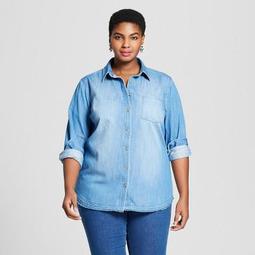 Women's Plus Size Textured Denim Long Sleeve Button-Down Shirt - Ava & Viv™ Medium Wash