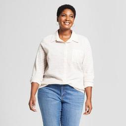Women's Plus Size Striped Long Sleeve Button-Down Shirts - Ava & Viv™ Tan/White