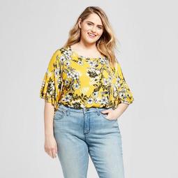 Women's Plus Size Floral Print Ruffle Short Sleeve T-Shirt - Xhilaration™ Yellow