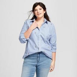 Women's Plus Size Button-Down with Floral Embroidery Long Sleeve  Blouse - Ava & Viv™ Blue/White Stripe