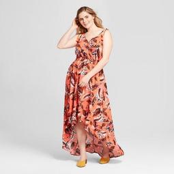 Women's Plus Size Floral Print V-Neck High - Low Dress - Xhilaration™ Orange