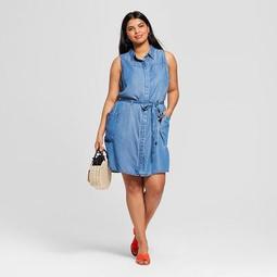 Women's Plus Size Sleeveless Shirtdress - A New Day™ Blue
