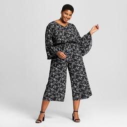 Women's Plus Size Floral Print Bell Sleeve Jumpsuit - Ava & Viv™ Black/White