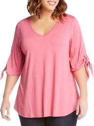 Plus V-Neck Tied-Sleeve Top