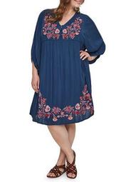 Plus Embroidered Puff-Sleeve Dress