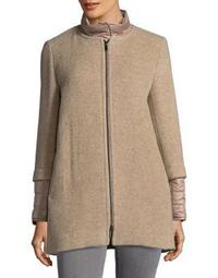 Petite Zip Front Wool Blend Coat with Removable Collar