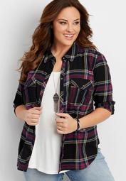 plus size button down flannel shirt with button flap pockets