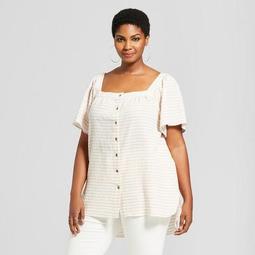 Women's Plus Size Striped Woven Short Sleeve Top - Ava & Viv™ Cream/Tan