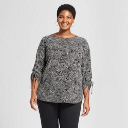 Women's Plus Size Printed Ruched 3/4 Sleeve Blouse - Ava & Viv™ Black