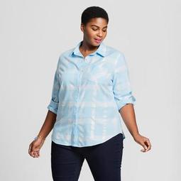 Women's Plus Size Plaid Button-Down Long Sleeve Shirt with Shine - Ava & Viv™ Blue