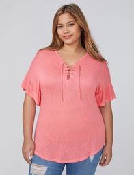 Hacci Lace-Up Ruffle-Sleeve Top