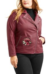 Junior's Plus Studded Faux Leather Moto Jacket with Embroidery