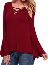 Womens Long Flare Sleeve Lace Up Tops