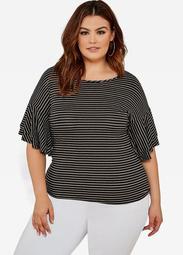 Double Ruffle Sleeve Striped Top
