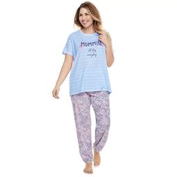 Plus Size Jammies For Your Families "Mommin All Day Everyday" Striped Tee & Floral Bottoms Pajama Set
