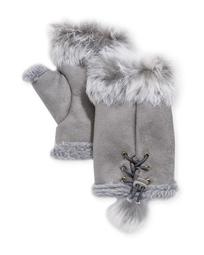 Rabbit Fur-Trim Fingerless Gloves, Gray